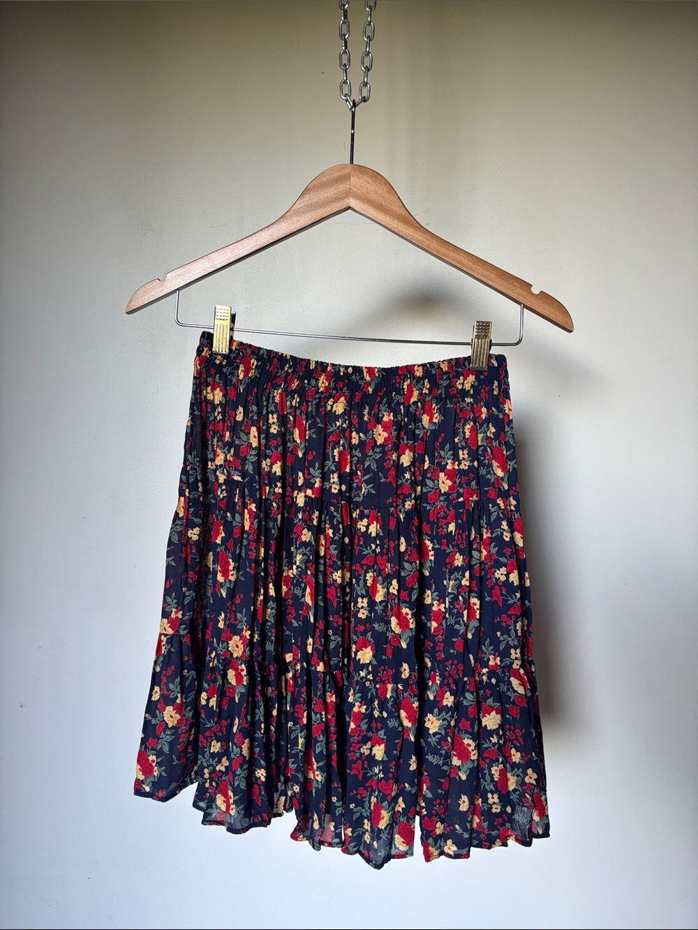 Women’s Floral Pleated Skirt - Navy with Red & Yellow Flowers